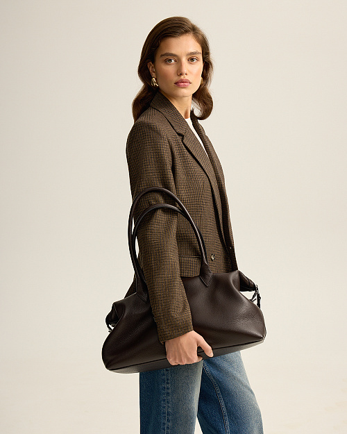 Объемная сумка из натуральной кожи, коричневый шоколадный